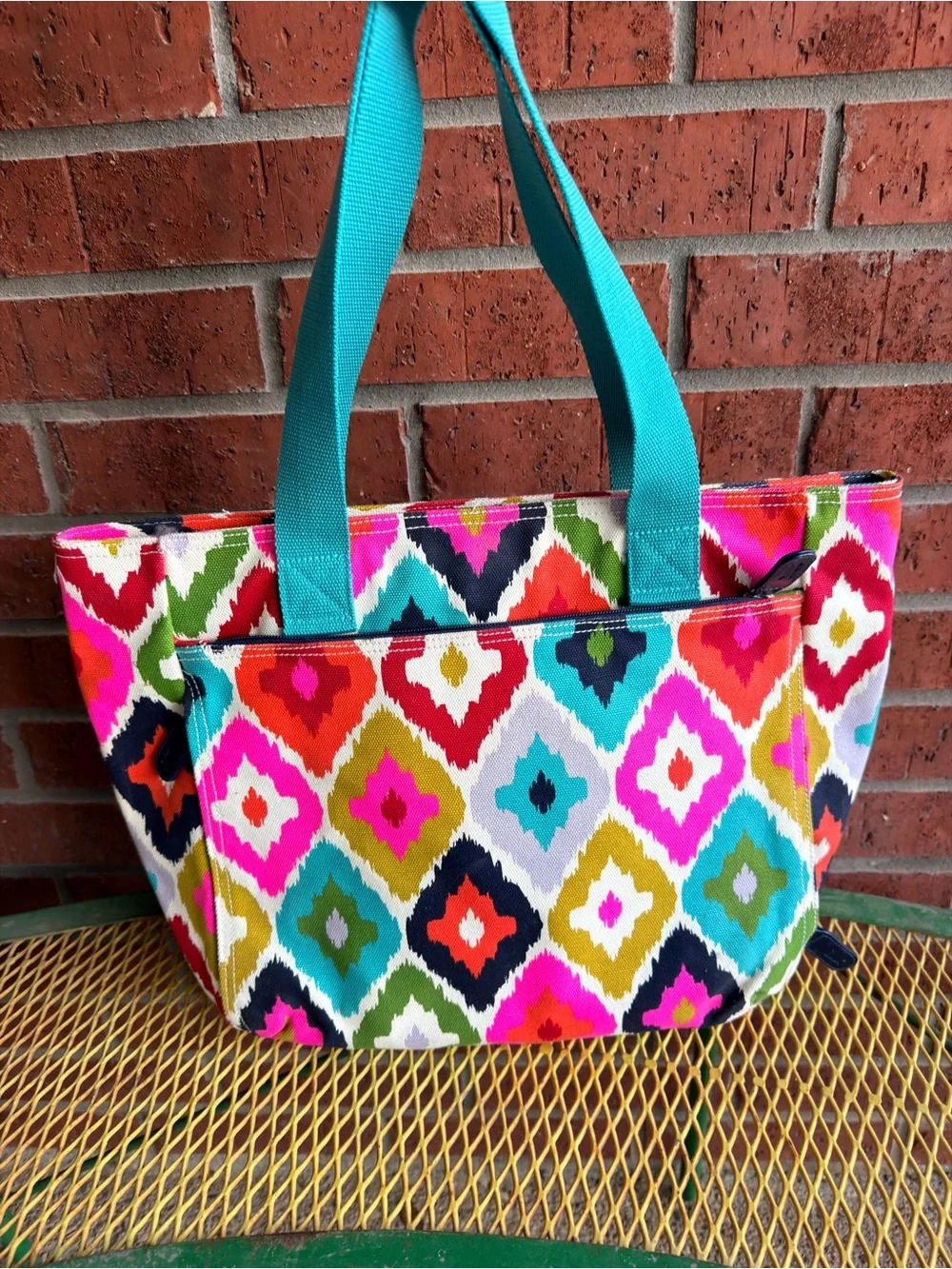 Vibrant Multi-Color Geometric Laptop Bag with Teal Handles Almost new